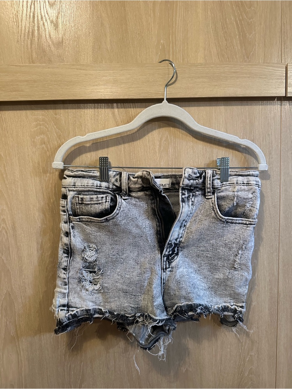High-Rise Washed Black Distressed Denim Shorts